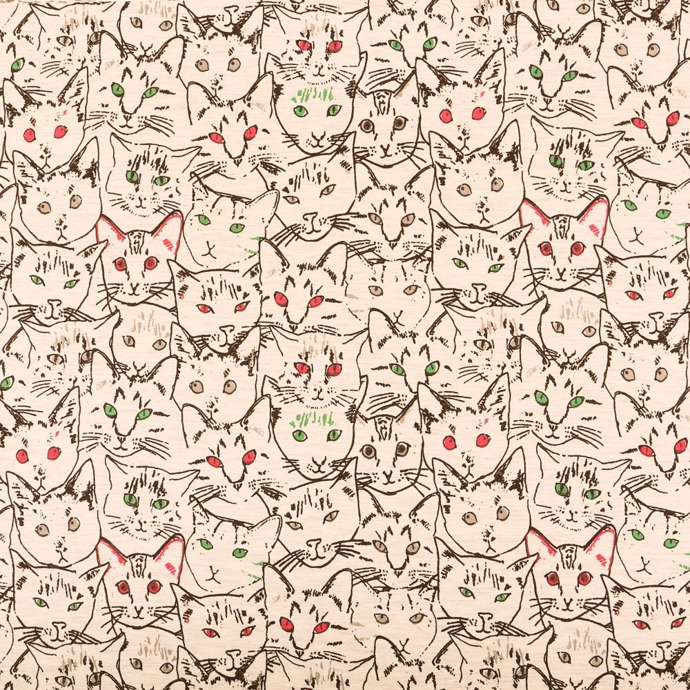 Tissu Jersey Coton Têtes de chats Noirs sur fond Ecru chiné