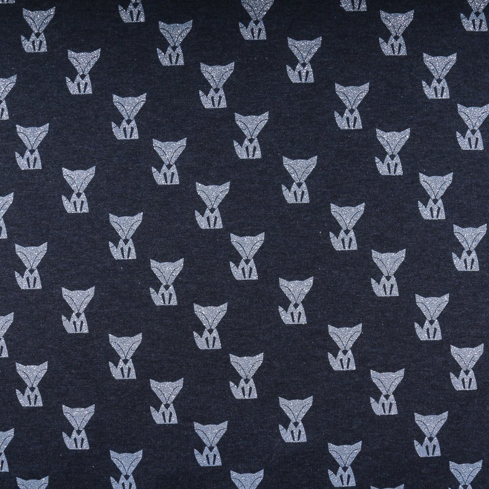 Tissu Sweat Renards Glitter Argent sur fond Marine