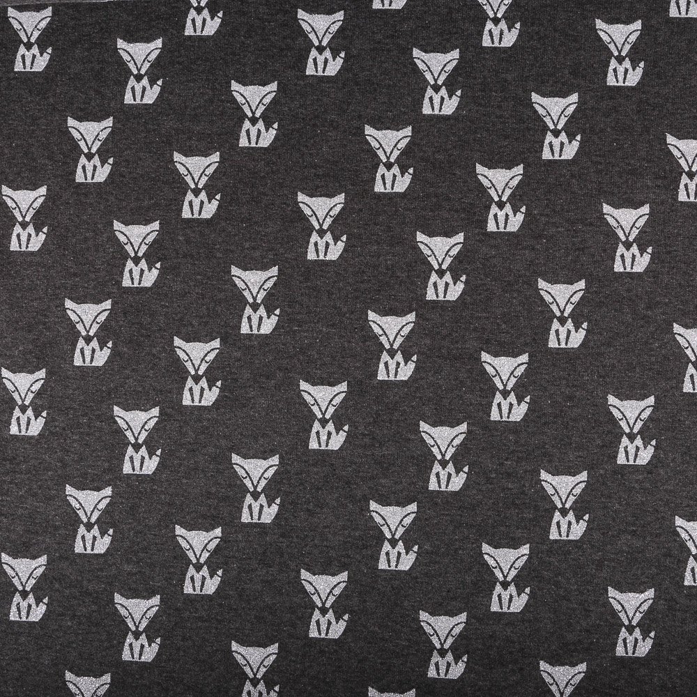 Tissu Sweat Renards Glitter Argent sur fond Gris anthracite