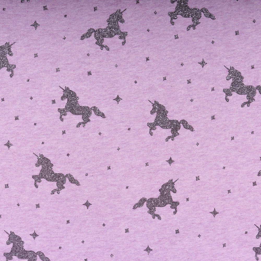 Tissu Sweat Licornes Glitter Argent sur fond Parme