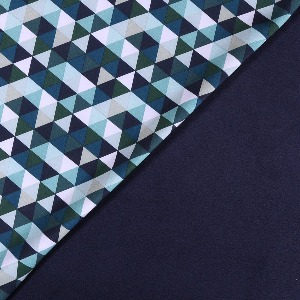 Tissu Softshell Triangles Verts et bleus sur fond Marine