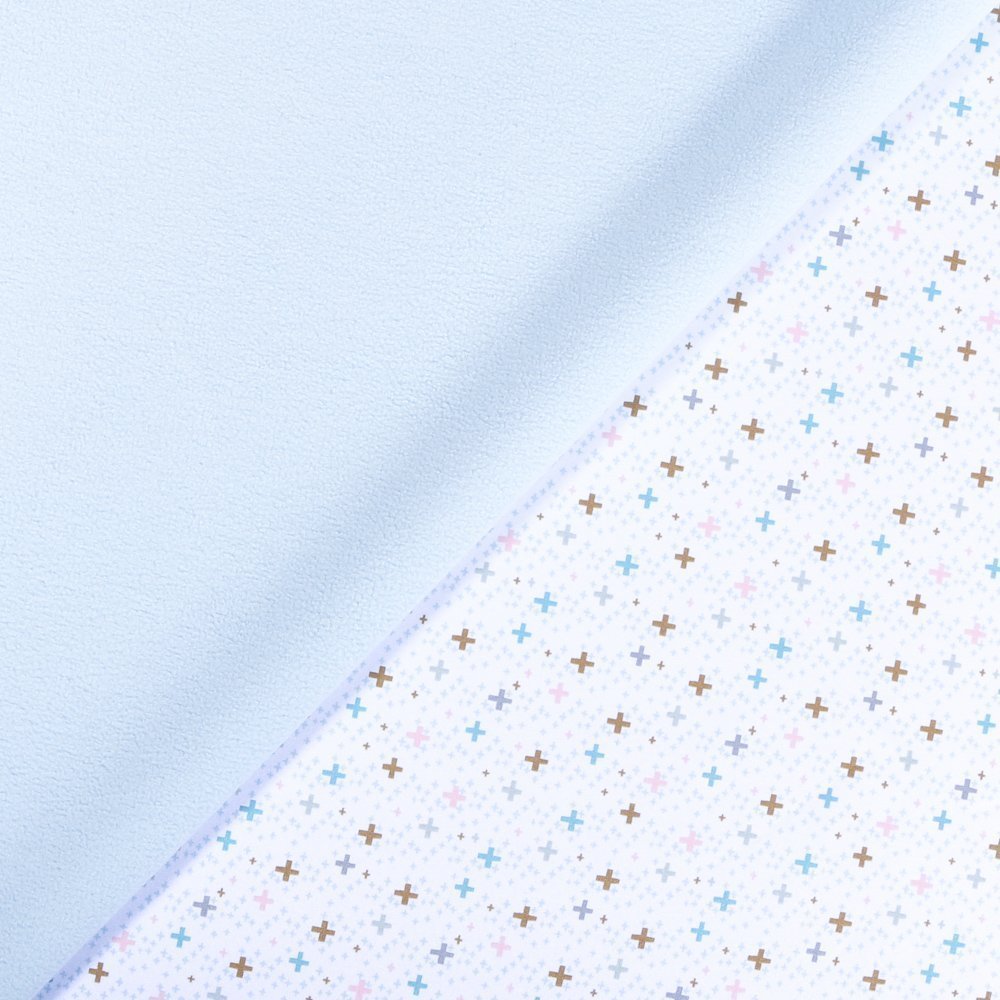 Tissu Softshell Croix Marrons et bleus sur fond Bleu ciel