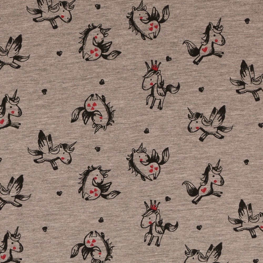 Tissu Jersey Coton envers Molleton Licornes et Petits Coeurs sur fond Gris