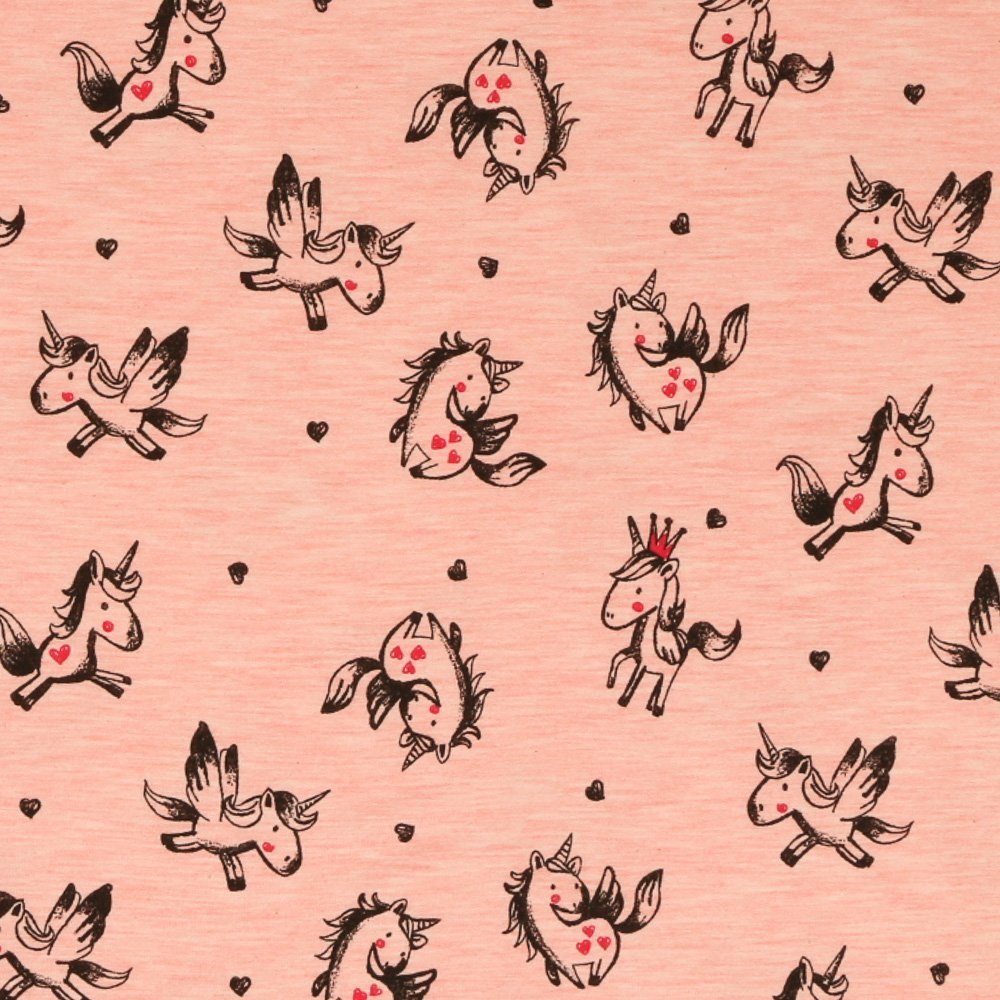 Tissu Jersey Coton envers Molleton Licornes et Petits Coeurs sur fond Saumon