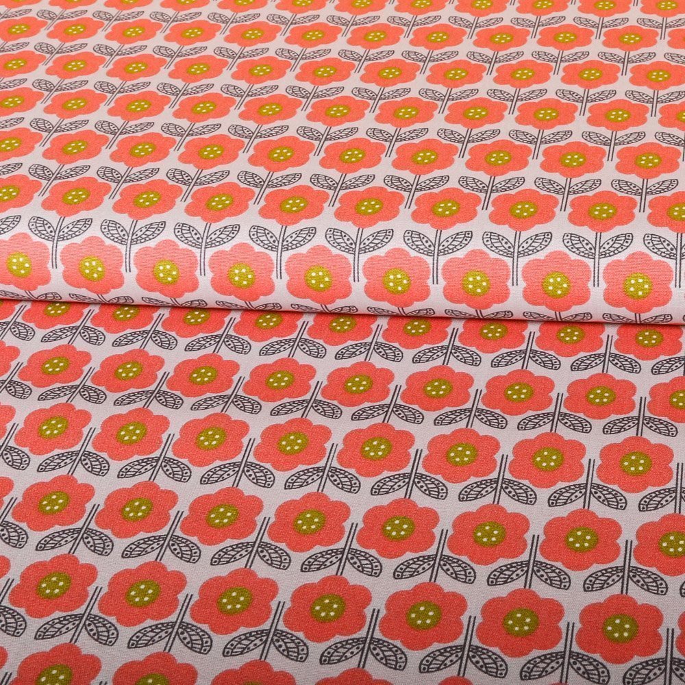 Tissu Coton Imprimés Fleurs Saumon sur fond Gris