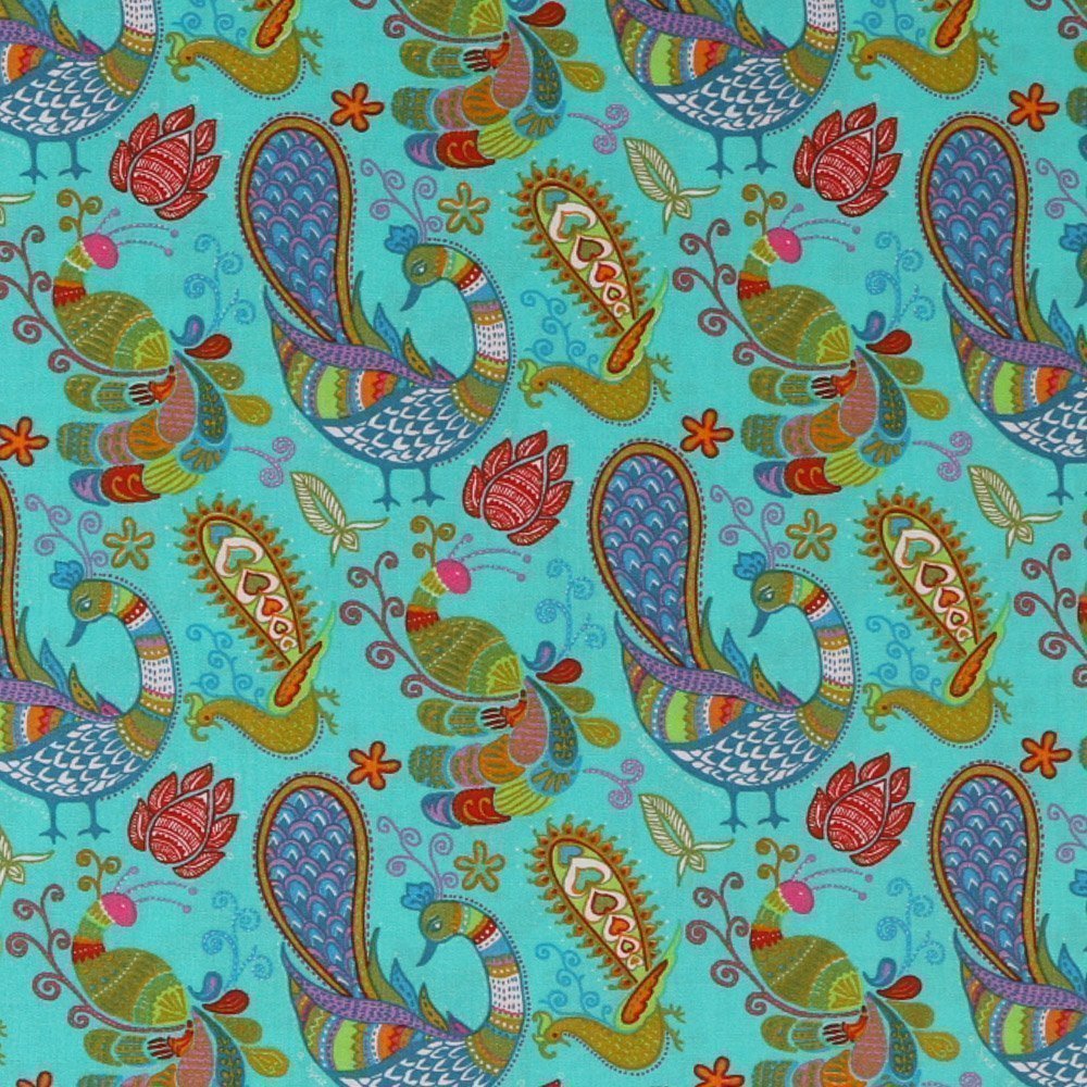 Tissu Coton Imprimé Paons et Pasley Multicolores sur fond Turquoise