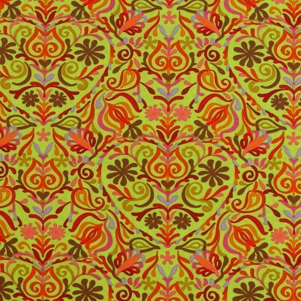 Tissu Coton Imprimé Coeurs et Arabesques Rouges et Oranges sur fond Vert Pomme