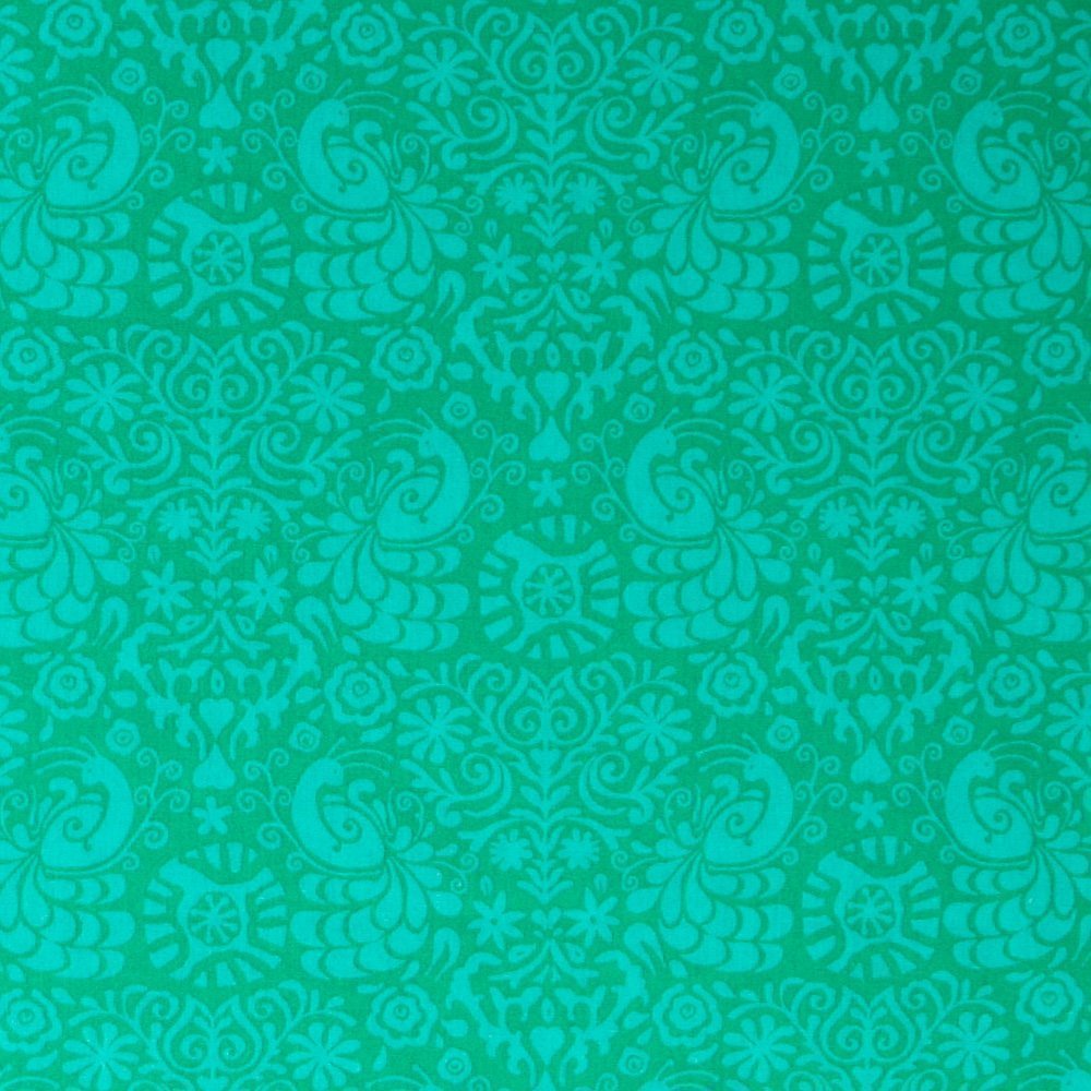 Tissu Coton Imprimé Paons et Arabesques Turquoise sur fond Emeraude