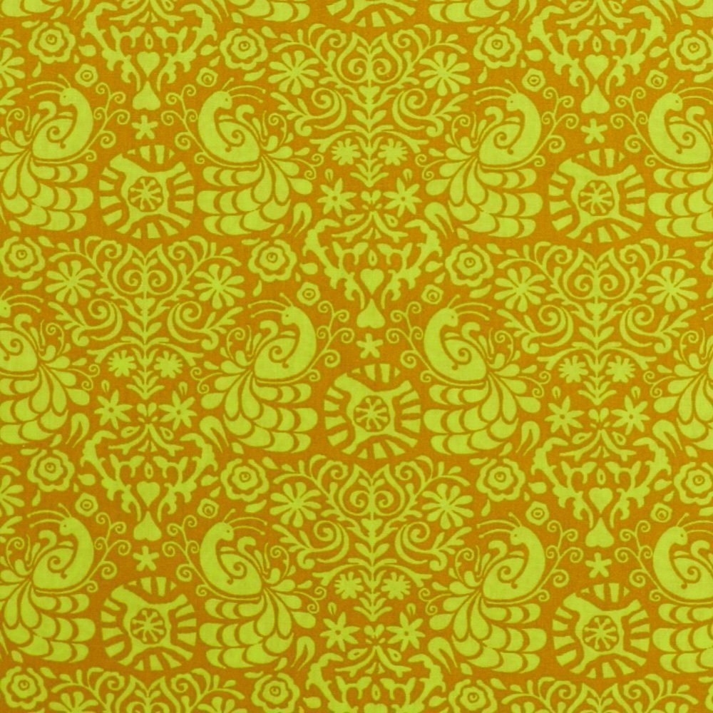 Tissu Coton Imprimé Paons et Arabesques Vert Pomme sur fond Ocre