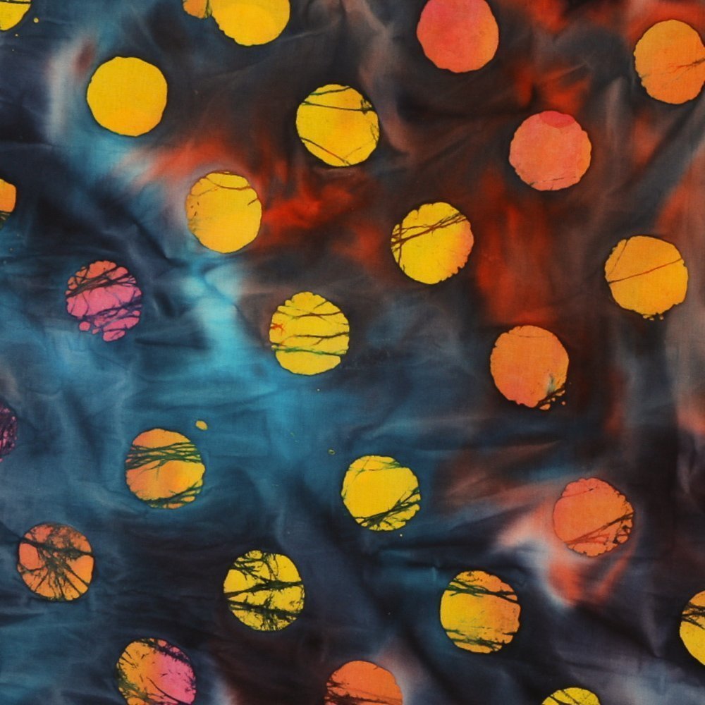 Tissu Batik Gros Pois Jaunes et Roses sur fond Tie and Die Bleu et Rouge