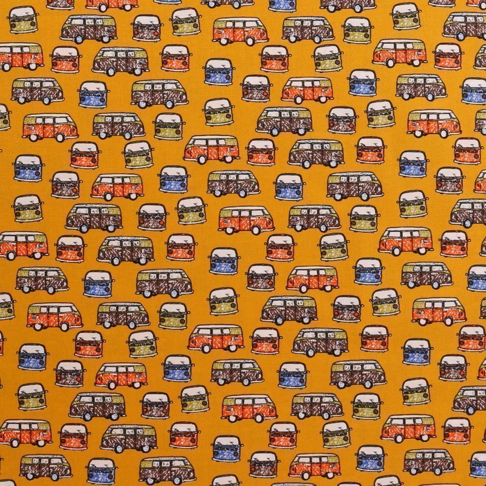 Tissu Coton Imprimés LittleBird Van Multicolore sur fond Moutarde