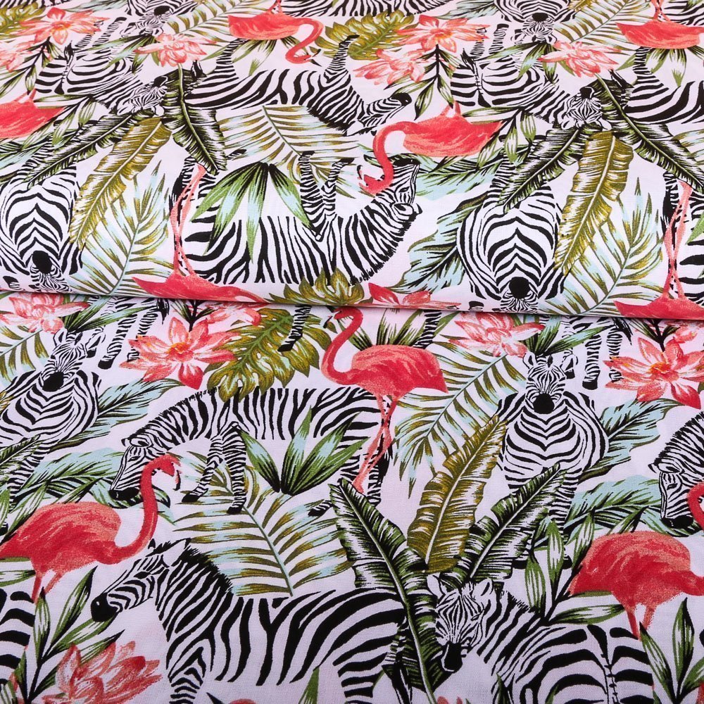 Tissu Coton Imprimés Zèbres et flamants roses sur fond Blanc