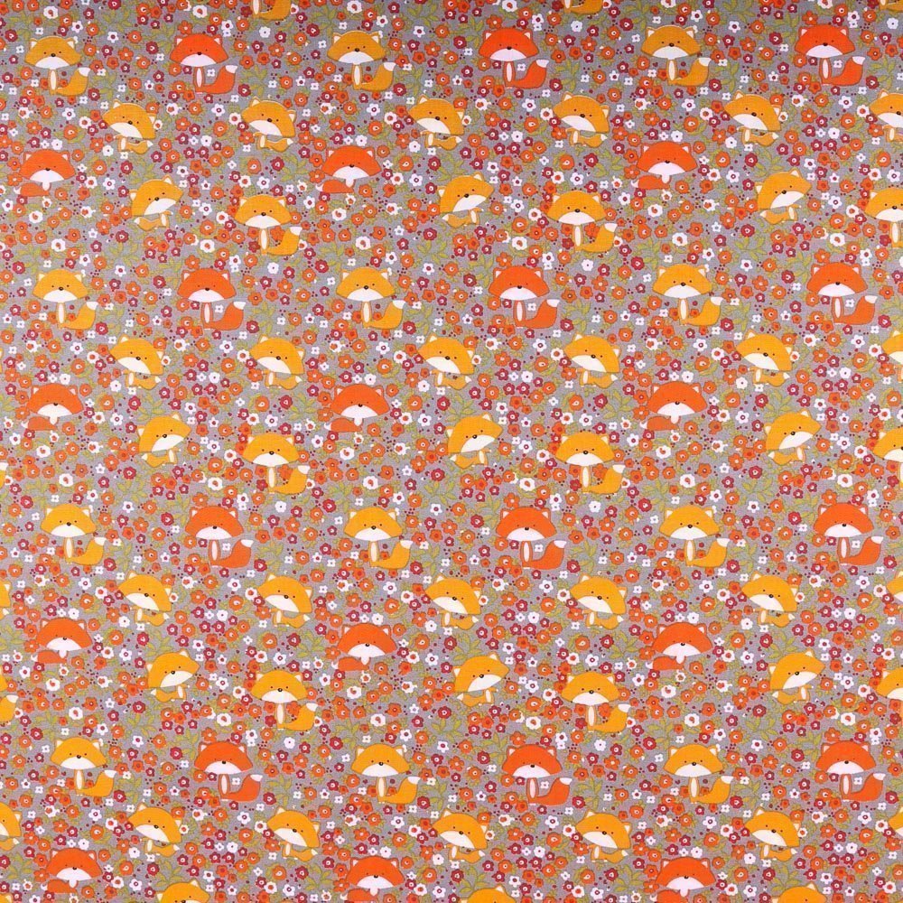 Tissu Coton Imprimé Renards et fleurs Orange et jaune sur fond Gris