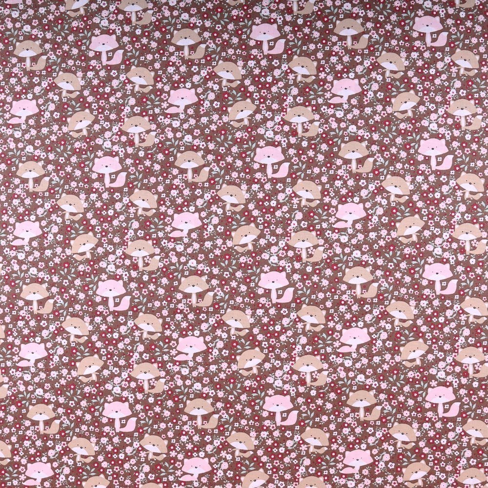 Tissu Coton Imprimé Renards et fleurs Roses et bordeaux sur fond Taupe