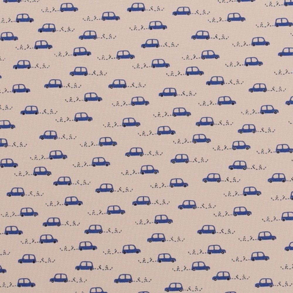 Tissu Jersey Petites Voitures Bleues sur fond Gris Clair