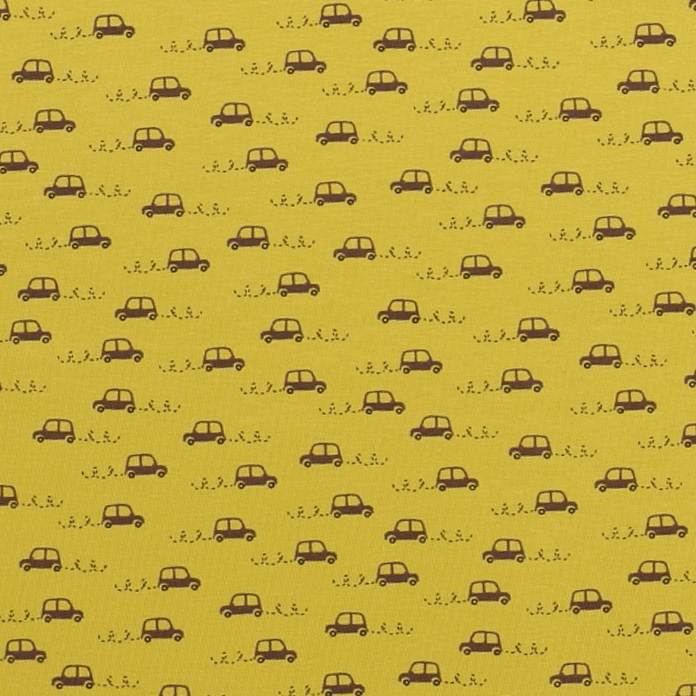 Tissu Jersey Petites Voitures Marron sur fond Vert Kiwi