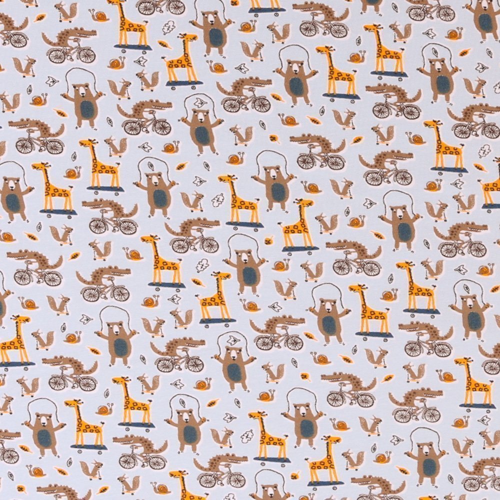 Tissu Jersey Urban Ours Croco Girafe sur fond Bleu Ciel