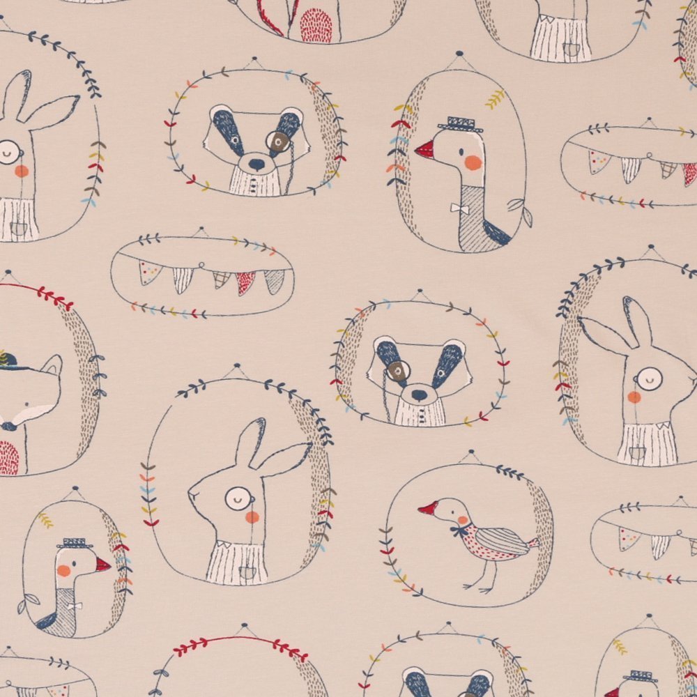 Tissu Jersey Portraits d'Animaux sur fond Gris Clair