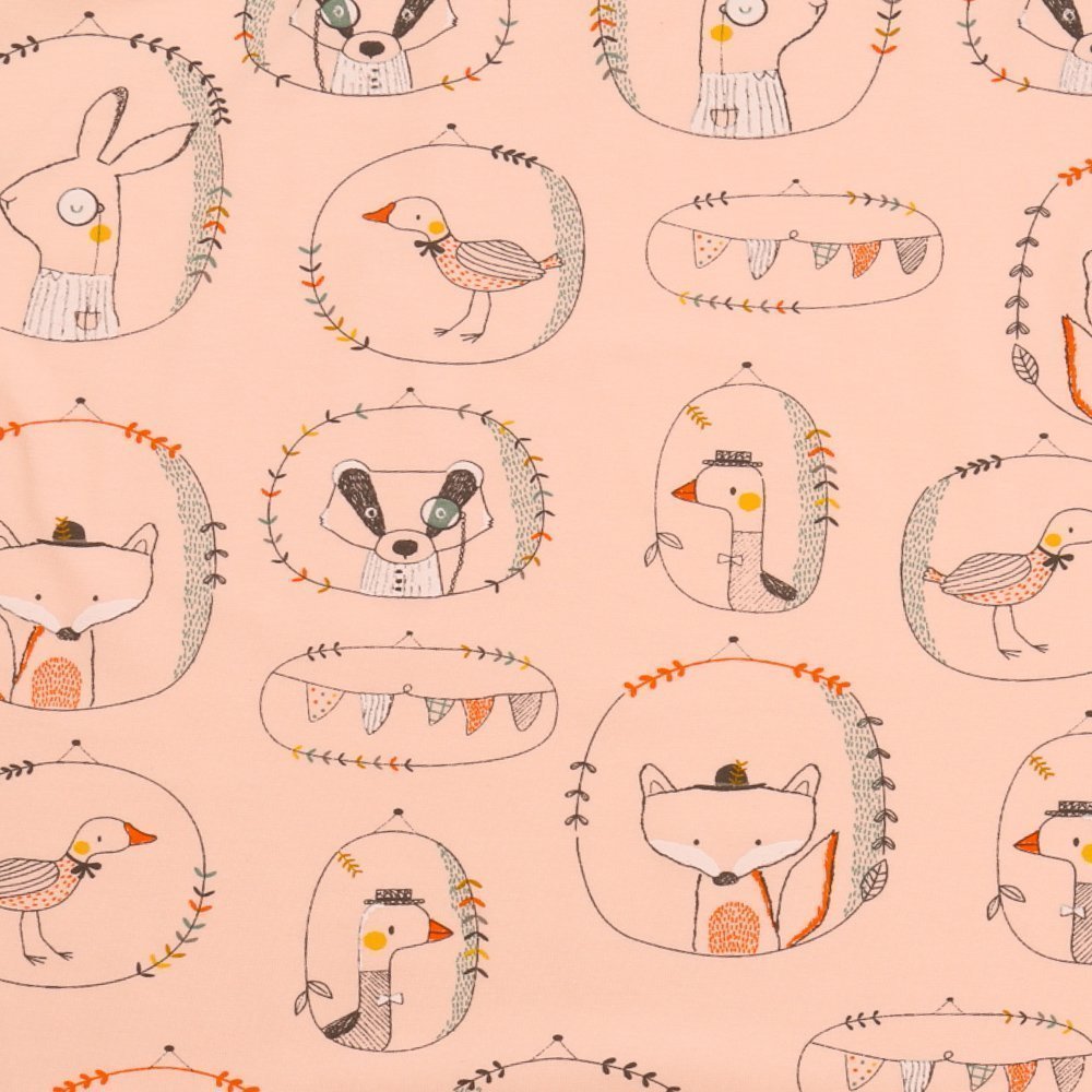 Tissu Jersey Portraits d'Animaux sur fond Saumon