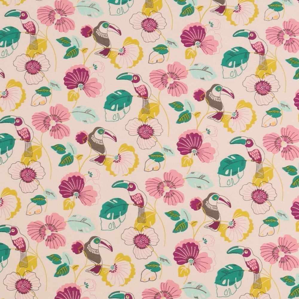 Tissu Jersey Fleurs et Toucans Roses et Verts sur fond Blanc Cassé