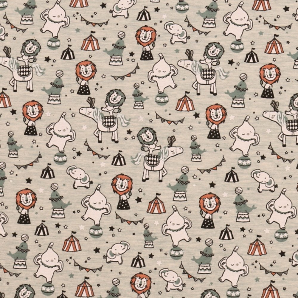 Tissu Jersey Animaux du Cirque sur fond Gris