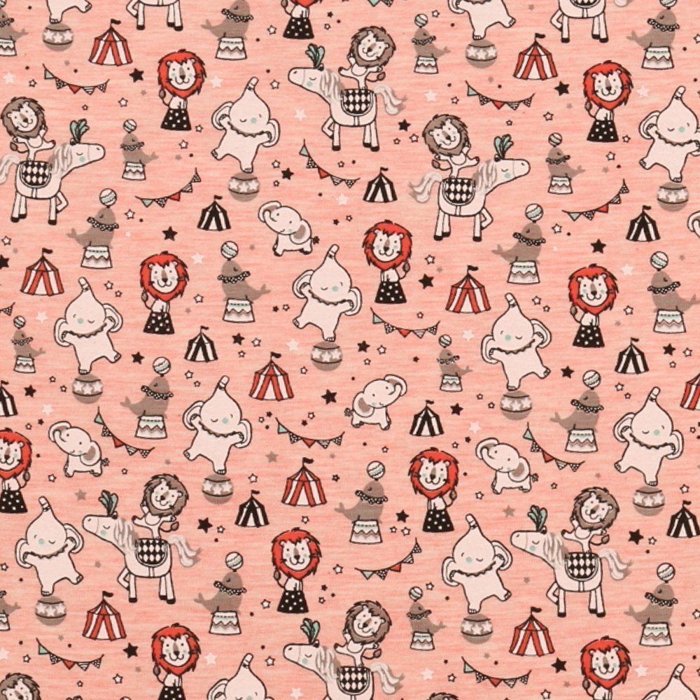 Tissu Jersey Animaux du Cirque sur fond Saumon