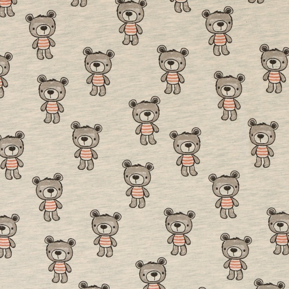Tissu Jersey Petits Nounours sur fond Gris Chiné