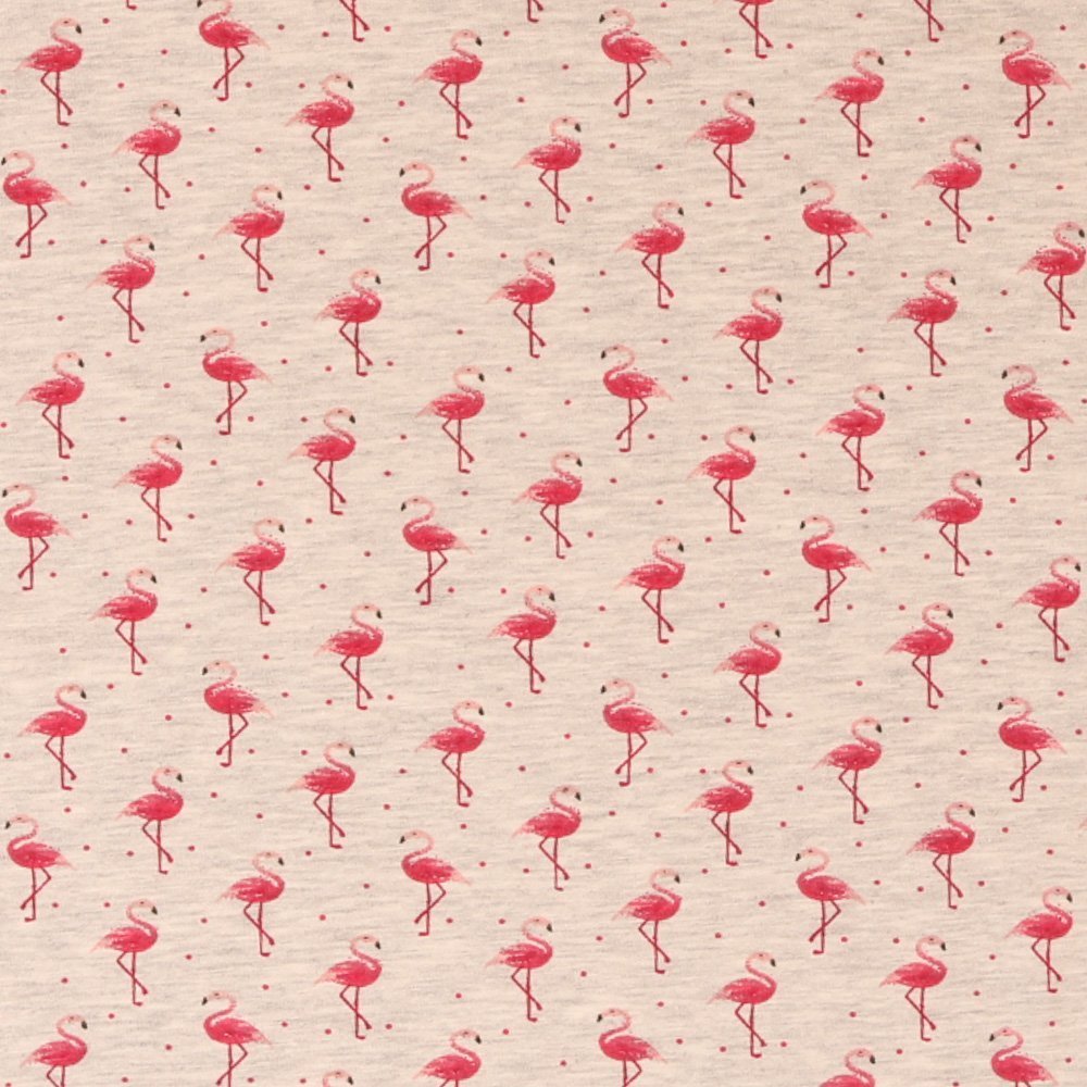 Tissu Jersey Flamants Roses sur fond Gris Chiné