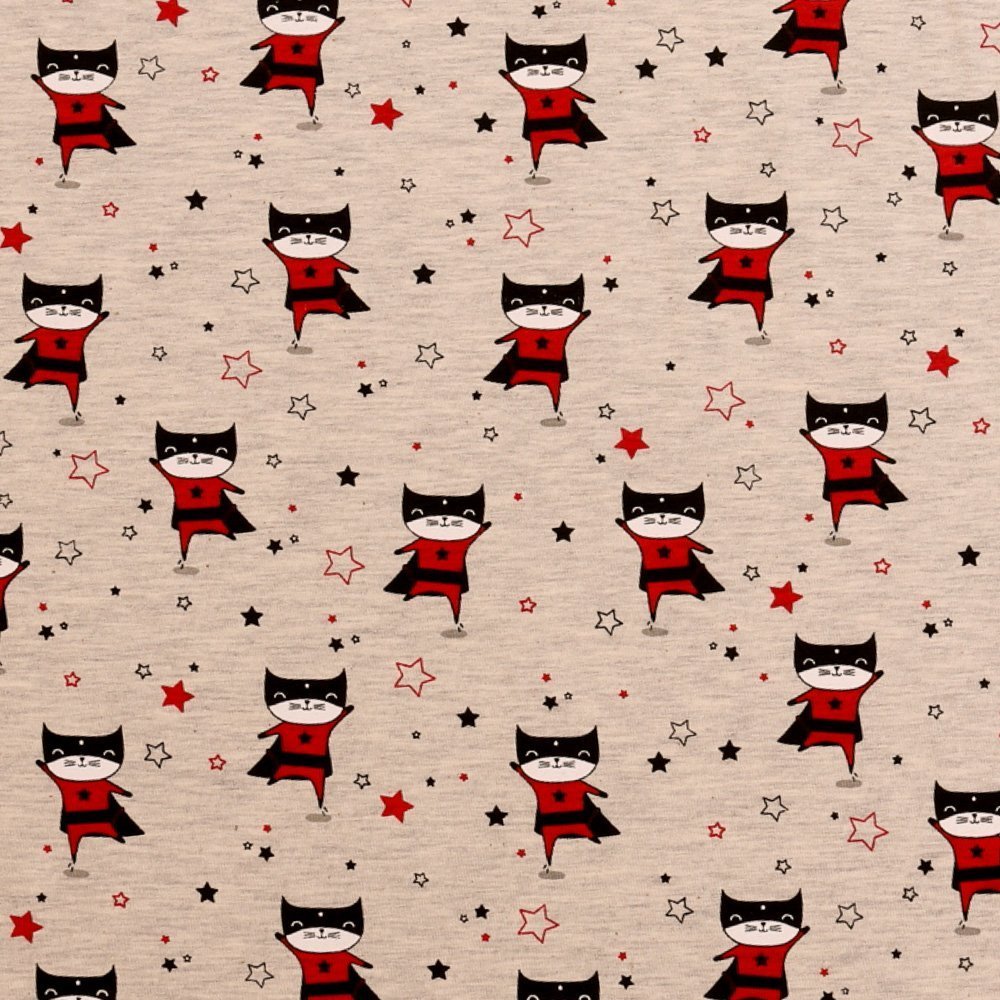 Tissu Jersey Super Cat Rouge et Noir sur fond Gris Chiné