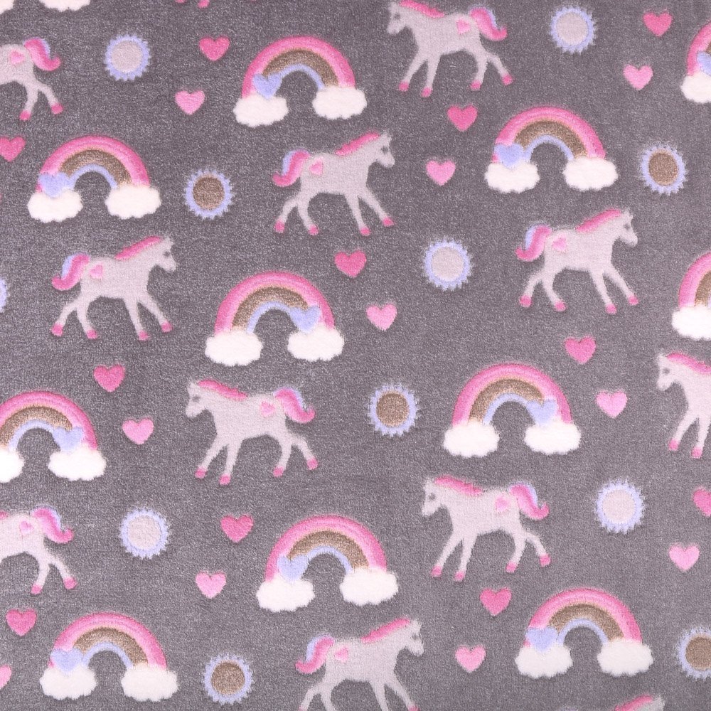 Tissu Doudou Chevaux arc-en-ciel Roses et gris sur fond Anthracite