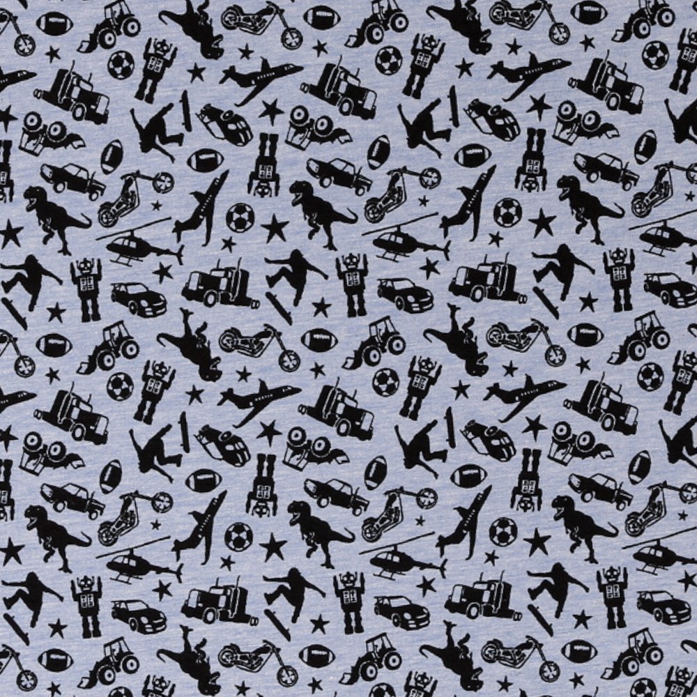 Tissu Jersey Jouets Noirs sur fond Bleu Chiné