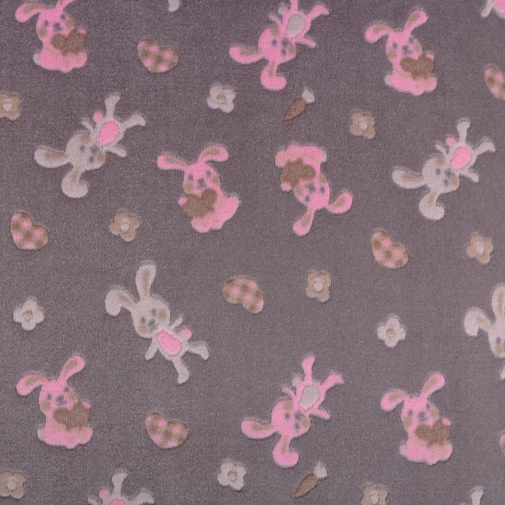 Tissu Doudou Lapins Roses et gris sur fond Anthracite