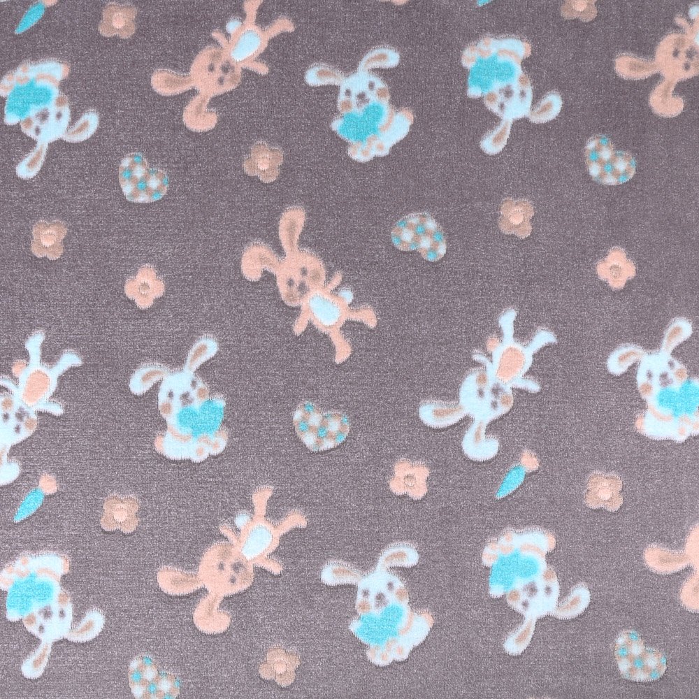 Tissu Doudou Lapins Bleus et beiges sur fond Anthracite