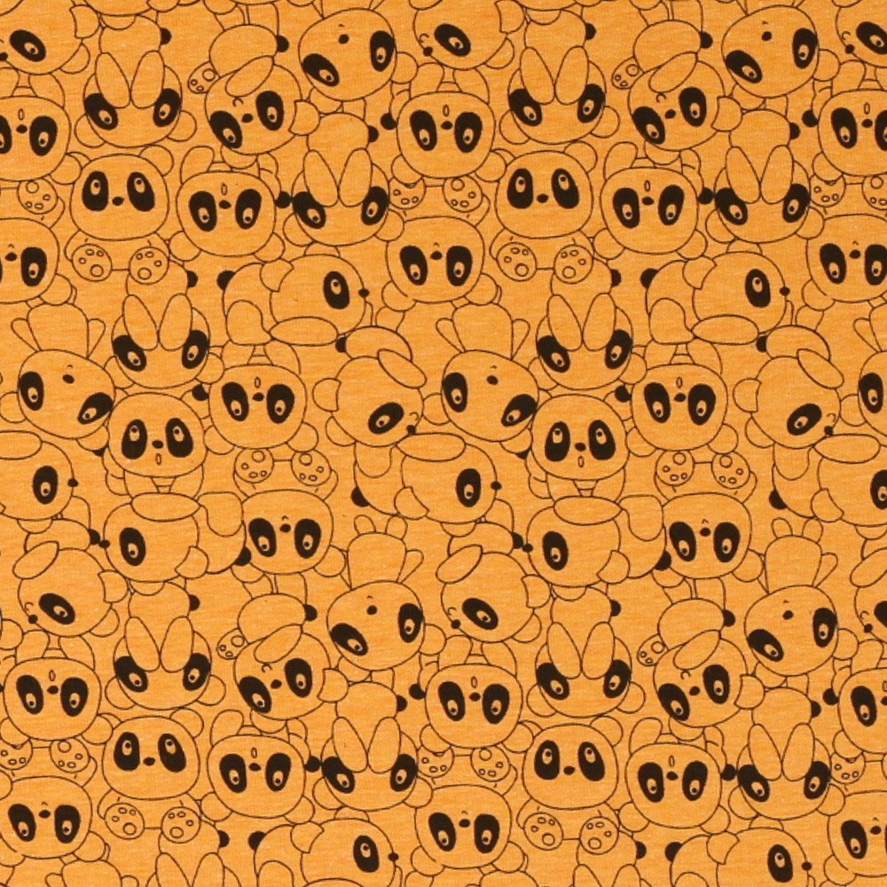 Tissu Jersey Pandas Noirs sur fond Orange Chiné