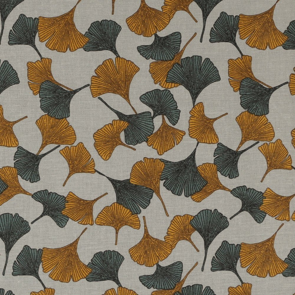 Tissu Lin Viscose Toile Imprimé Feuilles de Ginko Bleues et Jaunes sur fond Azur