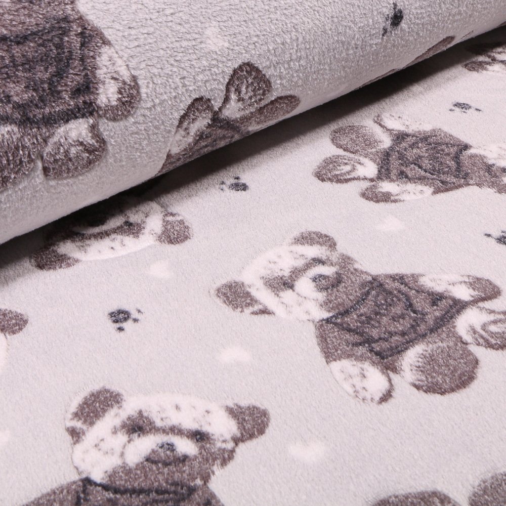 Tissu Doudou Oursons Gris sur fond Gris clair - Par 10cm