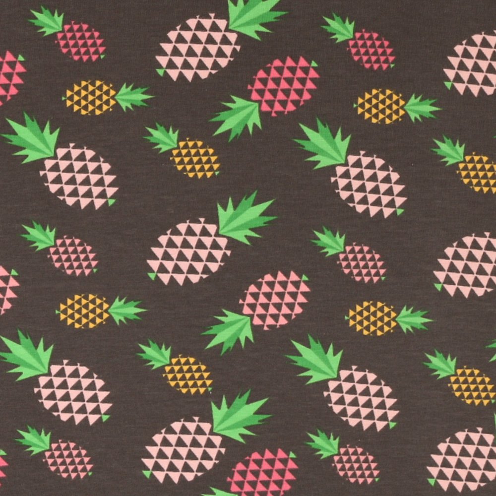Tissu Jersey Ananas Roses et Jaunes sur fond Gris Foncé