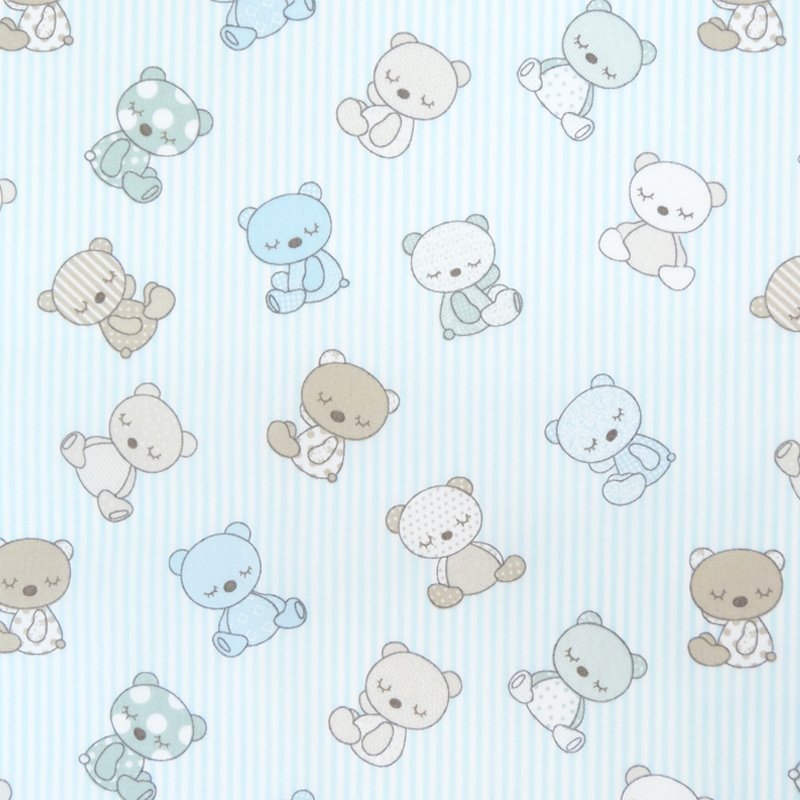 Tissu Coton Bleu ciel Rayures et nounours roses et verts