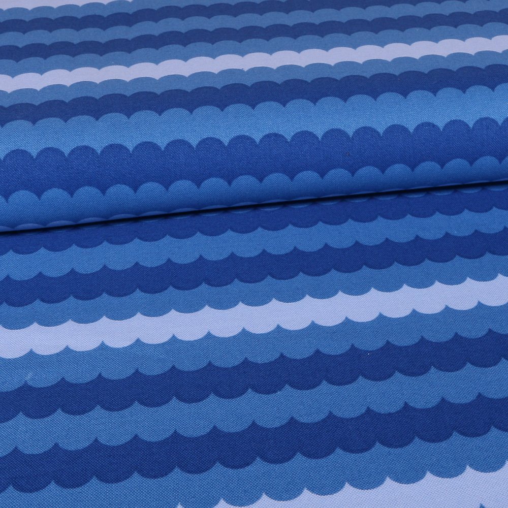 Tissu Popeline imprimee Vagues arrondies Bleues marine et ciel