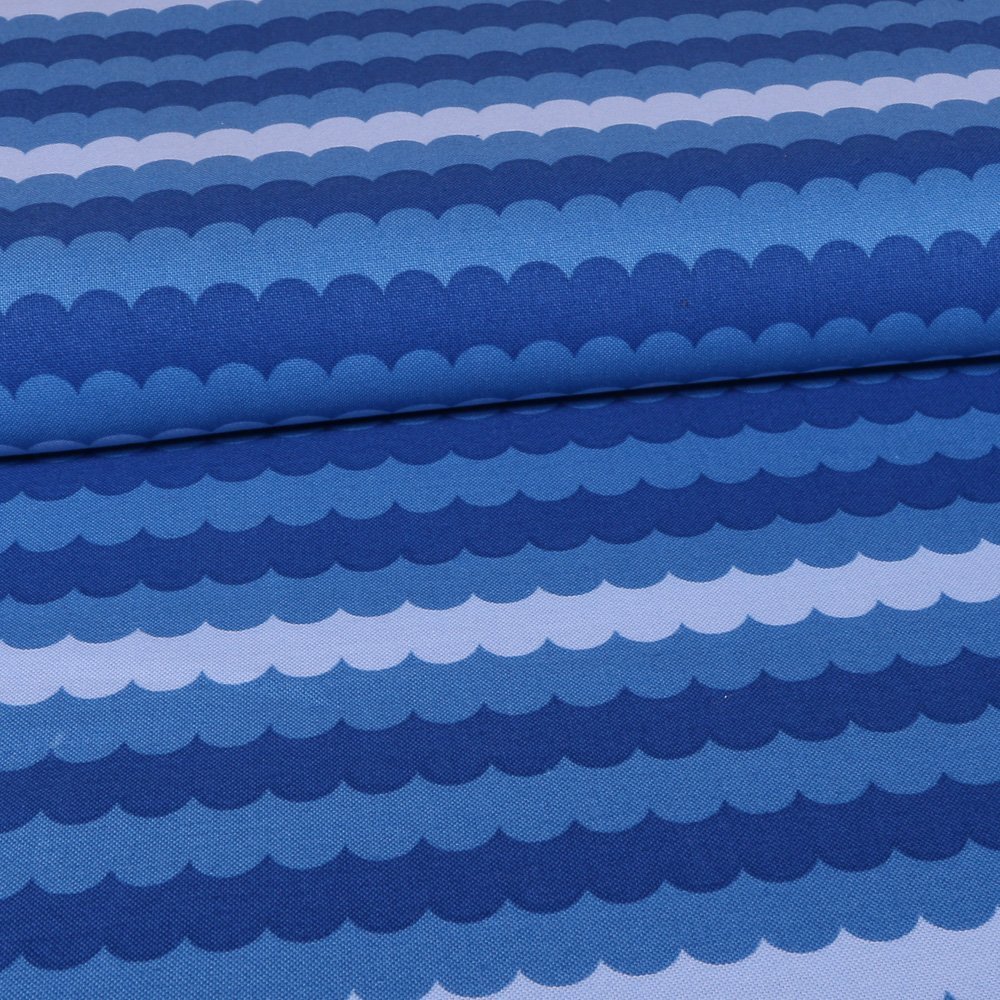 Tissu Popeline imprimée Vagues arrondies Bleues, marine et ciel