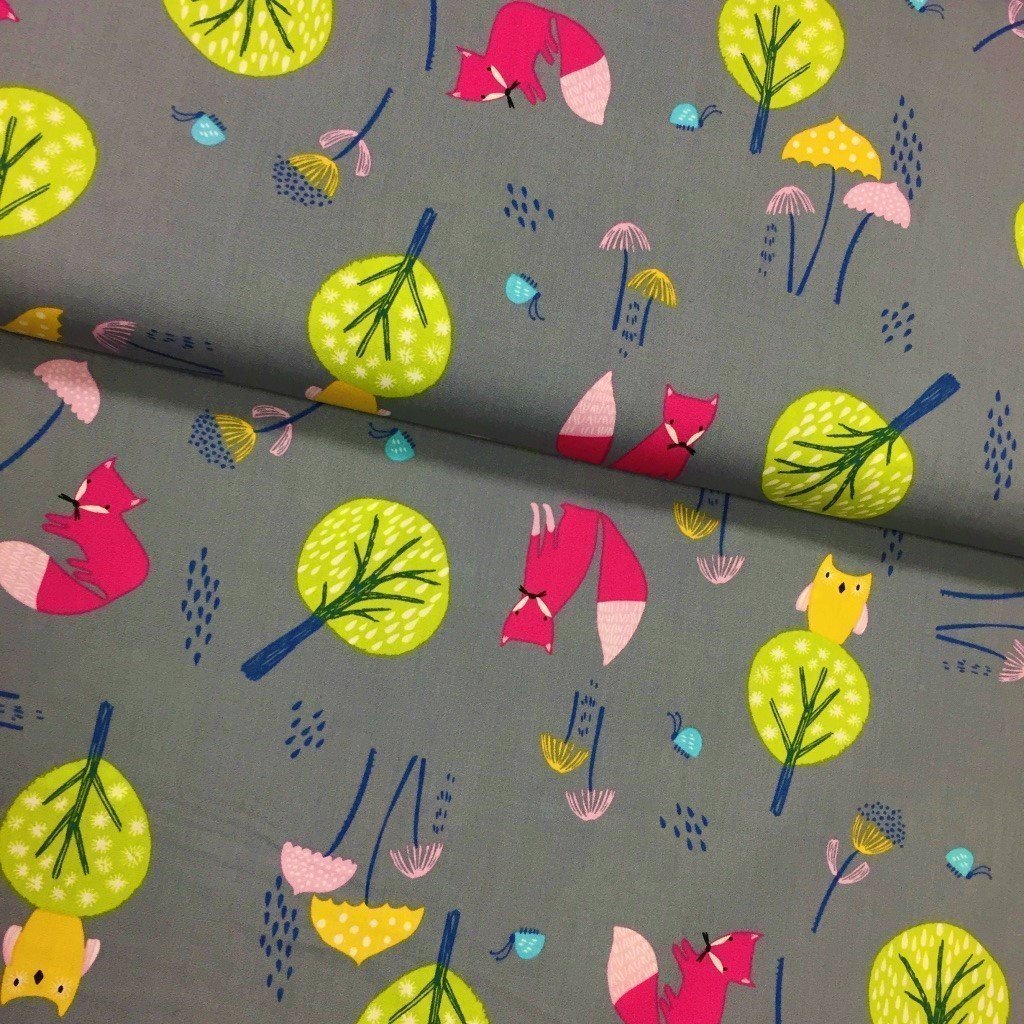 Tissu Popeline imprimée Gris Renards et hiboux Jaunes et roses