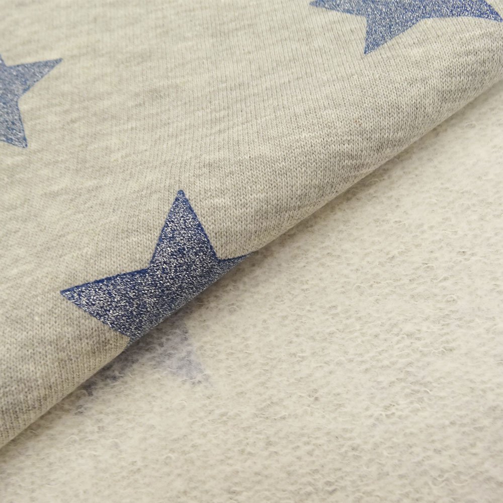 Tissu Sweat Gris chiné Etoiles pailletées Glitter bleu argent
