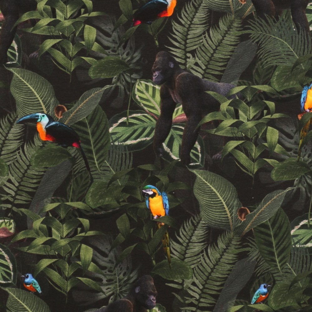 Tissu Jersey Rainforest Jungle, Gorilles, et Oiseaux