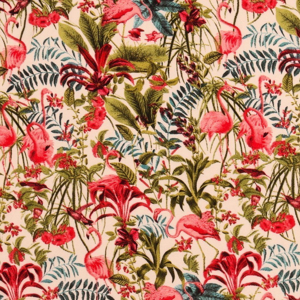 Tissu Viscose Imprimé Flamants Roses et Feuillages sur fond Ecru