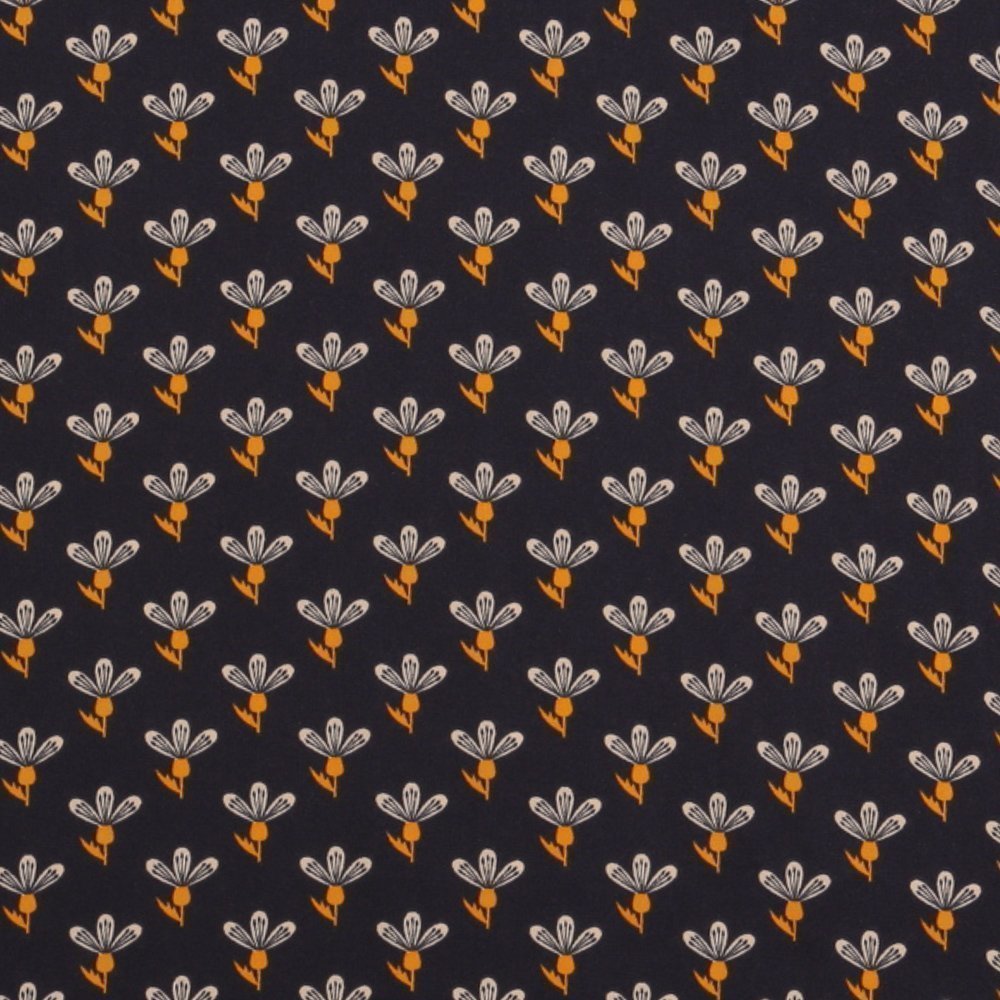 Tissu Satiné Fleurs Blanches et Jaunes sur fond Bleu Marine