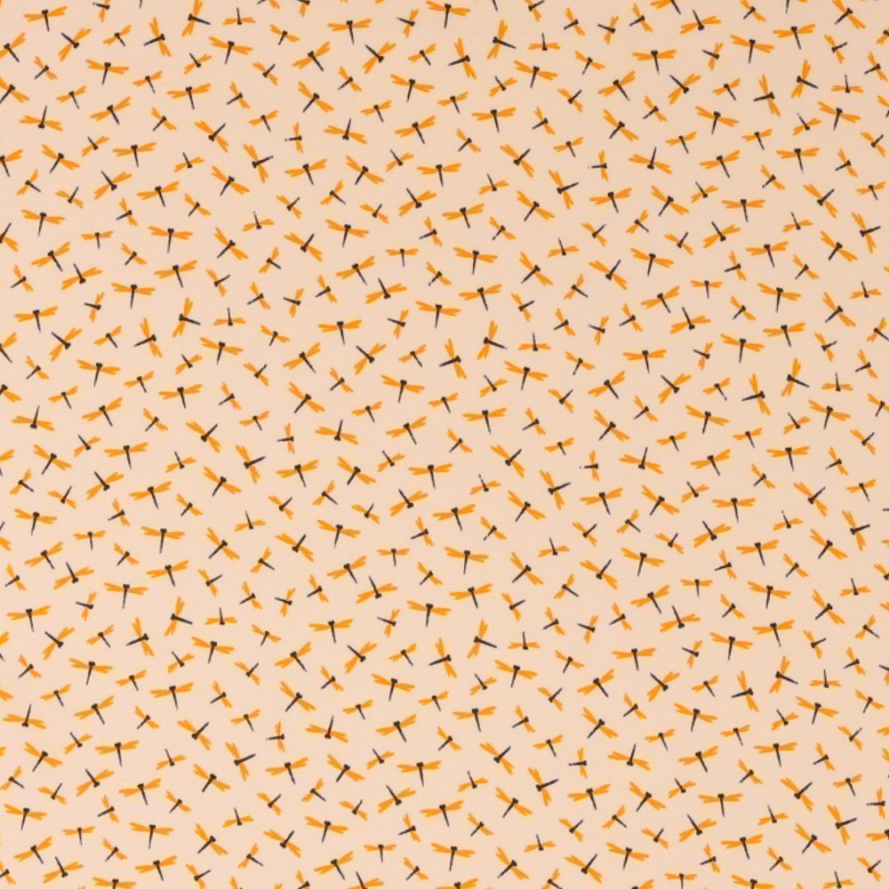 Tissu Satiné Libelulles Jaunes et Bleu Marine sur fond Vanille