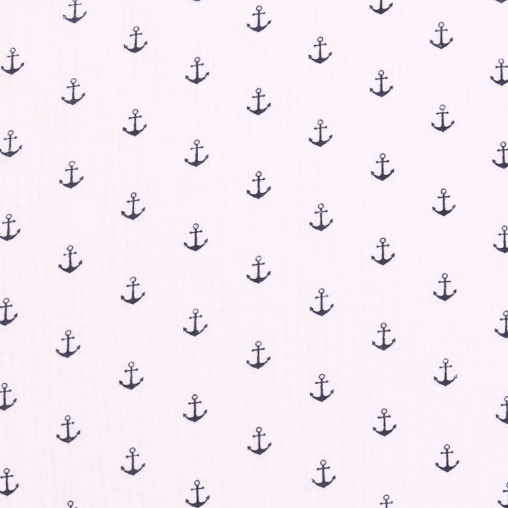 Tissu Double Gaze Ancres Bleu Marine sur fond Blanc
