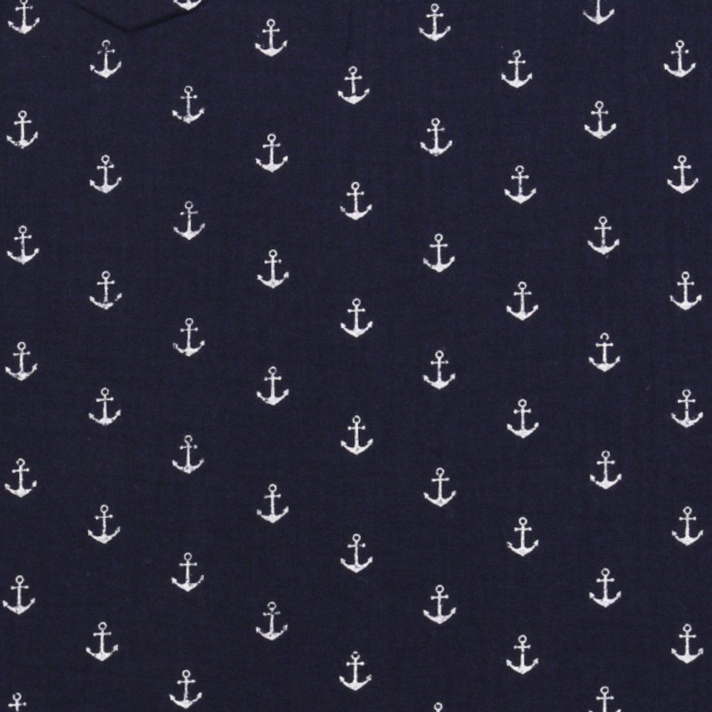 Tissu Double Gaze Ancres Blanches sur fond Bleu Marine