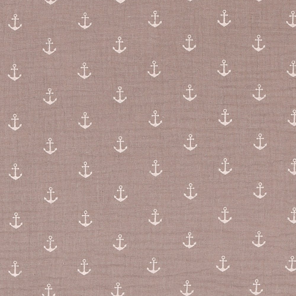 Tissu Double Gaze Ancres Blanches sur fond Gris