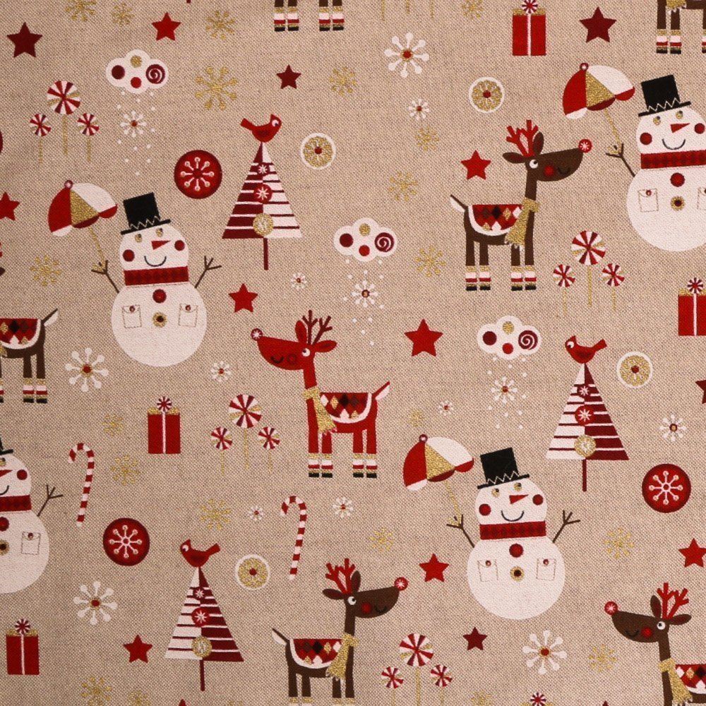 Tissu d'ameublement Rennes et bonhomme de neige Beige